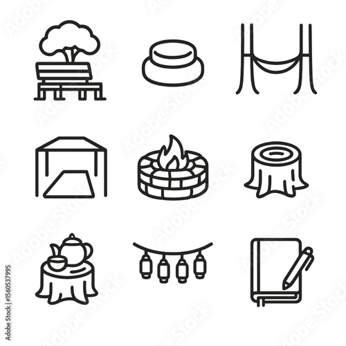 Forest Retreat Icons. Outline icon set of Forest Retreat Amenities: wooden bench shaded, meditation cushion, hammocks between