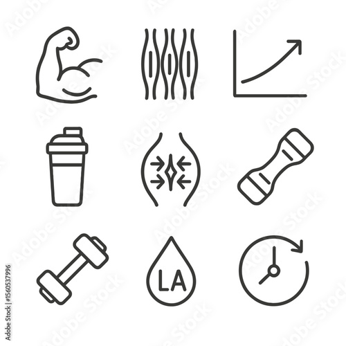 Strength Training Icons. Outline icon set of muscular adaptations to strength training: flexed bicep, muscle fiber strands,