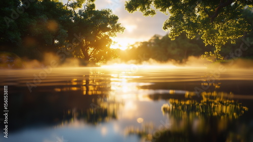 Sunrise over tranquil water with mist rising and lush trees reflecting in the serene landscape