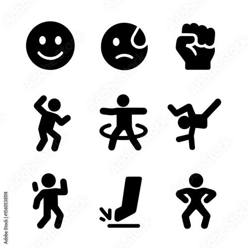 Freestyle Dance Icons. Solid, filled icon set of freestyle dance expressions: smile, sweat drop, fist pump, jump, spin, freeze,