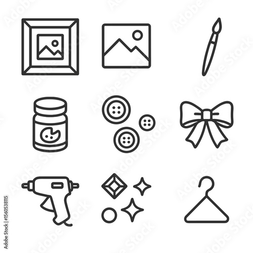 Photo Frame Icon Set. Outline icon set of Personalized Photo Frame: wooden frame, photo print, paintbrush, acrylic paint,