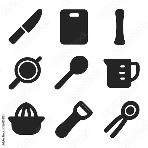 Fruit Infusion Tools Icons. Solid, filled icon set of Fruit infusion preparation tools: cutting knife, chopping board, muddler,