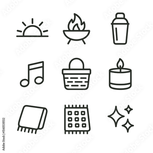 Sunset Dining Icons. Outline icon set of sunset dining ambiance: setting sun, fire pit, cocktail shaker, music note, picnic basket
