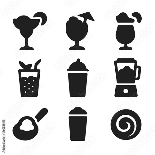 Frozen Cocktail Icons. Solid, filled icon set of frozen cocktails: frozen margarita, daiquiri, frozen colada, blended mojito, ice