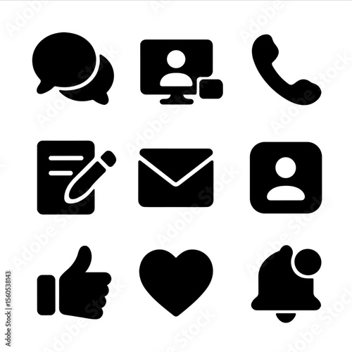 Friendship Icon Set. Solid, filled icon set of friendship communication: chat bubbles, video call, phone receiver, handwritten