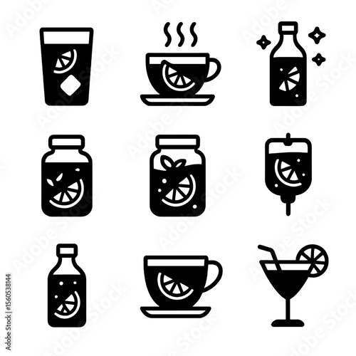 Fruit Infusion Icons. Solid, filled icon set of Fruit infusion types: cold infusion, hot infusion, sparkling infusion, herbal