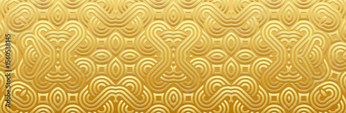 Banner, vintage cover design, wallpaper. Geometric ethnic gold pattern on gold background, embossing. 3D relief ornaments, arabesques, mandala, fresco, painting of the East, Asia, India, Mexico, Aztec