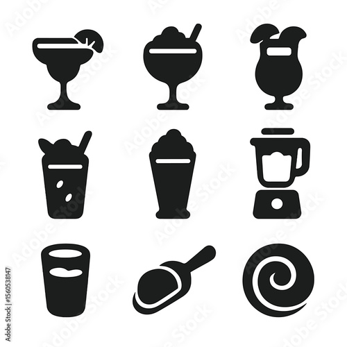 Frozen Cocktail Icons. Solid, filled icon set of frozen cocktails: frozen margarita, daiquiri, frozen colada, blended mojito, ice