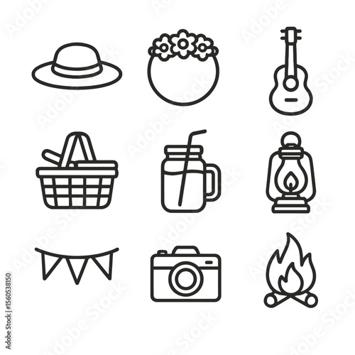 Summer Festival Icons. Outline icon set of summer festival outfit with a straw hat: straw hat, floral crown, guitar, picnic basket