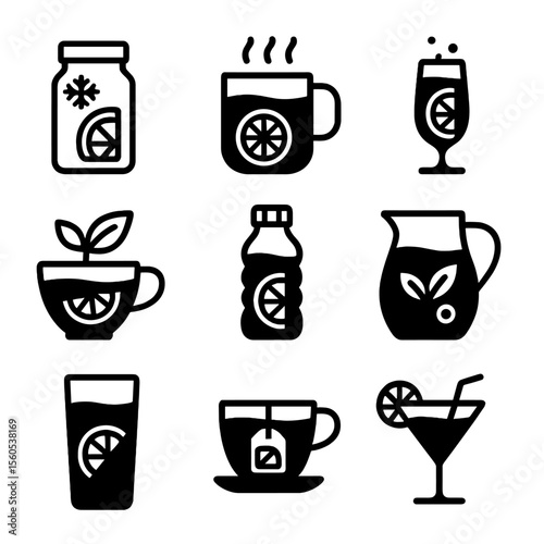 Fruit Infusion Icons. Solid, filled icon set of Fruit infusion types: cold infusion, hot infusion, sparkling infusion, herbal