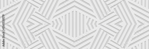 Banner, fashion cover design, wallpaper. Geometric ethnic linear pattern on white background, embossing. 3D relief ornaments, arabesques, mandala, fresco, painting of the East, Asia, India, Mexico.