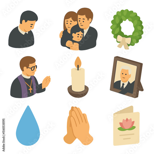 Funeral Remembrance Icons. Isometric Flat icon set of Funeral Remembrance Moods: mourner with downcast head, family embracing,