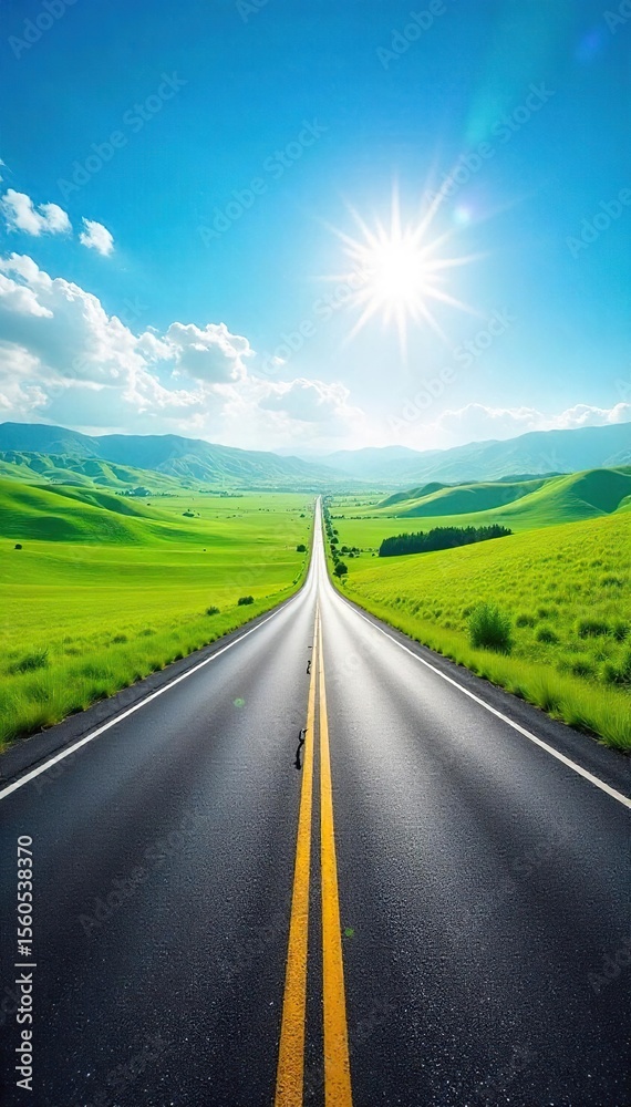 Fototapeta premium Panoramic View of Endless Highway Across Sun-Drenched American Landscape, Rolling Hills, Vibrant Green Fields, Vast Blue Sky - Perfect for Travel and Road Trip Imagery