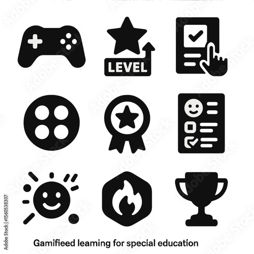 Gamified Learning Icons. Solid, filled icon set of gamified learning for special education: game controller, level-up star,