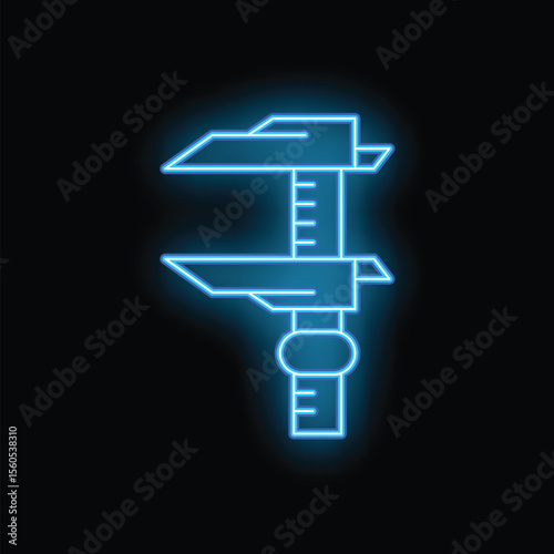 Blue glowing neon line vernier caliper icon isolated on black background