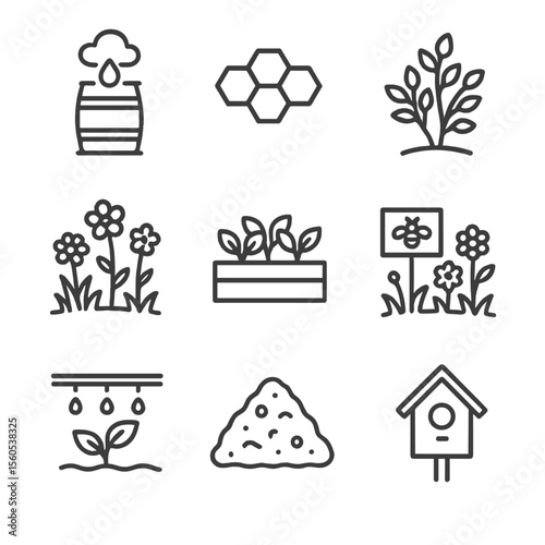 Sustainable Landscaping Icons. Outline icon set of green home landscaping: rainwater harvesting barrel, permeable paving stone,