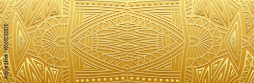Banner, exotic cover design, wallpaper. Geometric ethnic gold pattern on gold background, embossing. 3D relief ornaments, arabesques, mandala, fresco, painting of the East, Asia, India, Mexico, Aztec