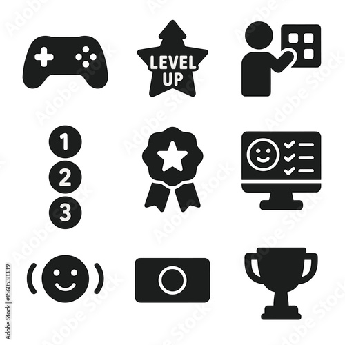 Gamified Learning Icons. Solid, filled icon set of gamified learning for special education: game controller, level-up star,