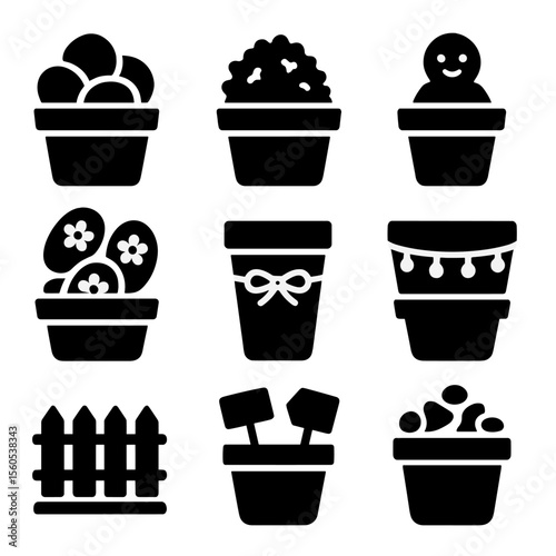 Garden Decor Icons. Solid, filled icon set of flower pot decorations: decorative stones, moss, small figurine, painted stones,