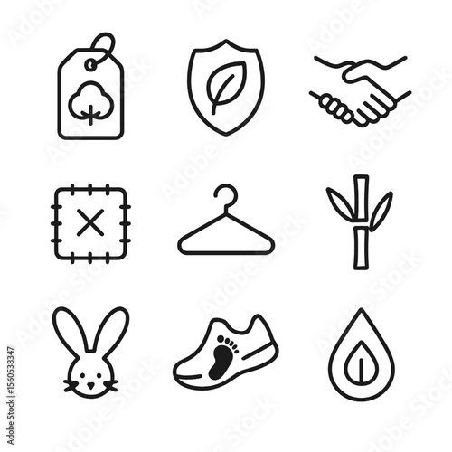 Sustainable Fashion Icons. Outline icon set of sustainable fashion tags: organic cotton tag, vegan leather badge, fair-trade