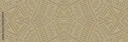 Banner, exotic cover design, wallpaper. Geometric ethnic vintage pattern on a light background, embossing. 3D relief ornaments, arabesques, mandala, fresco, painting of the East, Asia, India, Mexico