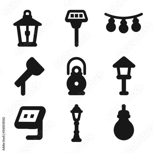 Garden Lighting Icons. Solid, filled icon set of garden lighting: lantern, solar light, string lights, spotlight, candle holder,