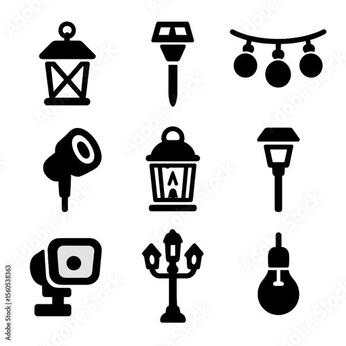 Garden Lighting Icons. Solid, filled icon set of garden lighting: lantern, solar light, string lights, spotlight, candle holder,