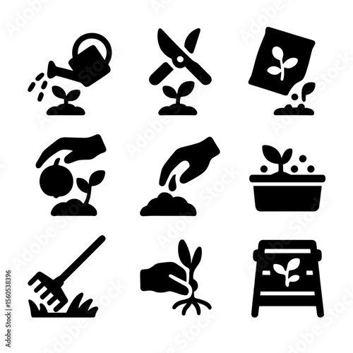 Garden Tasks Icon Set. Solid, filled icon set of garden maintenance tasks: watering, trimming, fertilizing, harvesting, planting,