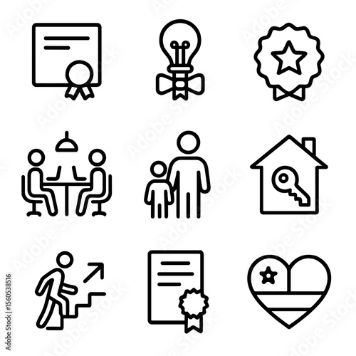 Talent Retention Icons. Outline icon set of talent retention policies: scholarship diploma, research grant award, tax incentive