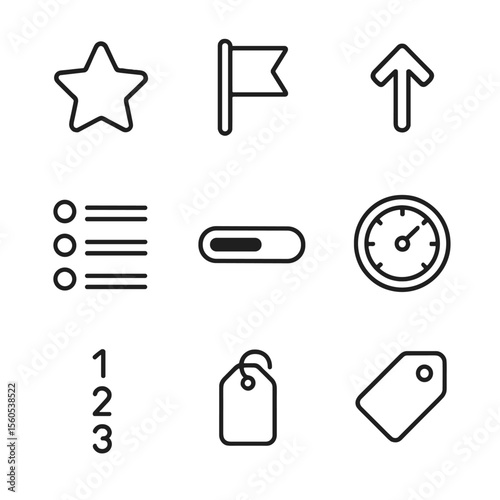 Task Prioritization Icons. Outline icon set of task prioritization system: star for important, flag marker, arrow up, bullet list,