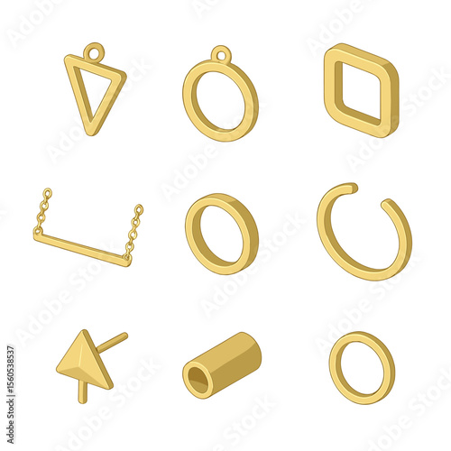Geometric Jewelry Icons. Isometric Flat icon set of minimalist geometric jewelry: metal triangle pendant, circle pendant, square