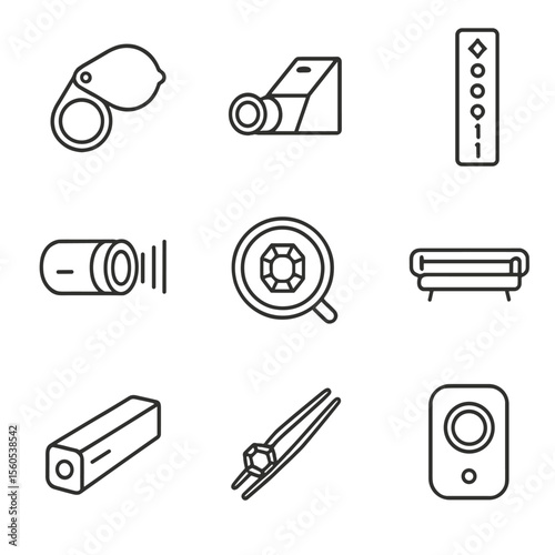 Gemstone Tools Icons. Outline icon set of Gemstone Identification Tools: faceting loupe, refractometer, Mohs scale chart,