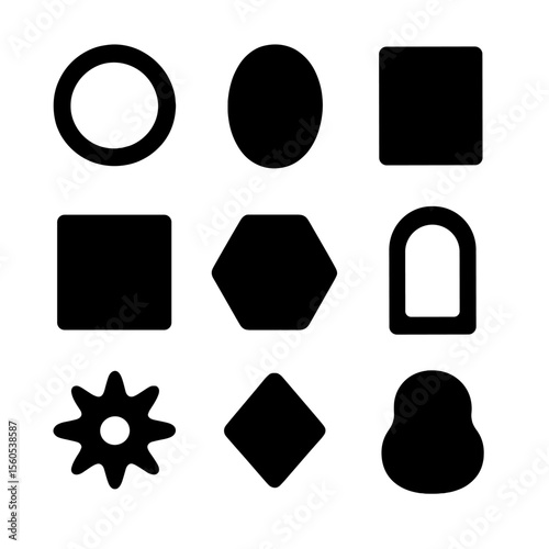 Geometric Mirror Icons. Solid, filled icon set of mirror shapes in design: round, oval, rectangle, square, hexagon, arch,
