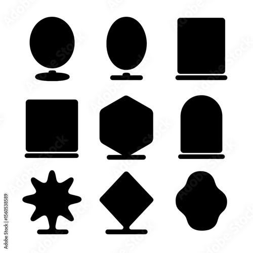 Geometric Mirror Icons. Solid, filled icon set of mirror shapes in design: round, oval, rectangle, square, hexagon, arch,