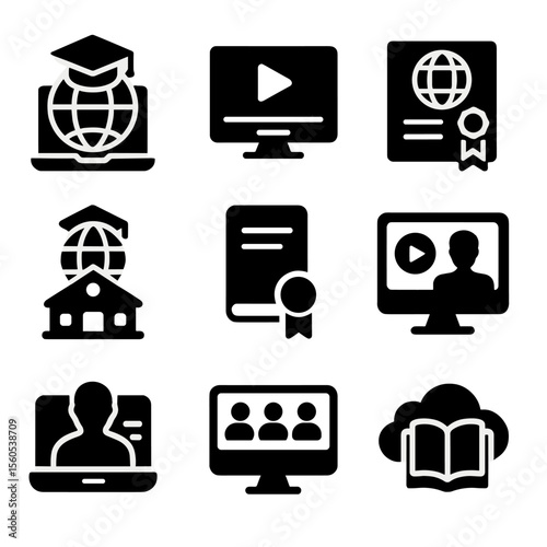 Global EdTech Icons. Solid, filled icon set of global education tech: e-learning platform, online course screen, digital