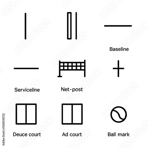 Tennis Court Icon Set. Outline icon set of tennis court elements: singles sideline, doubles alley, baseline, service line, net