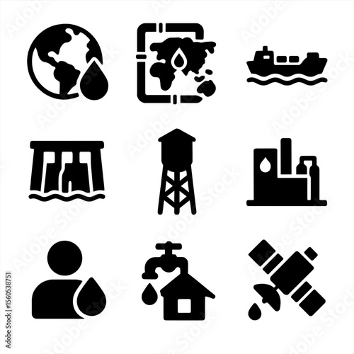 Global Water Icons. Solid, filled icon set of global water supply: water globe, pipeline map, tanker ship, dam, water tower,