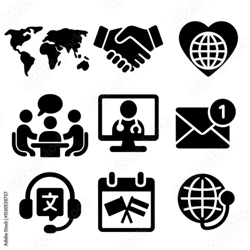 Global Healthcare Icons. Solid, filled icon set of global healthcare collaboration: world map, handshake, heart with globe, team