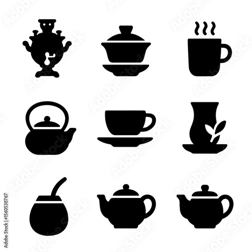 Global Tea Icons. Solid, filled icon set of global tea styles: samovar, gaiwan, masala chai cup, Moroccan tea glass, Japanese cast
