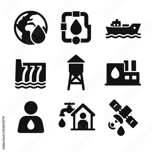 Global Water Icons. Solid, filled icon set of global water supply: water globe, pipeline map, tanker ship, dam, water tower,