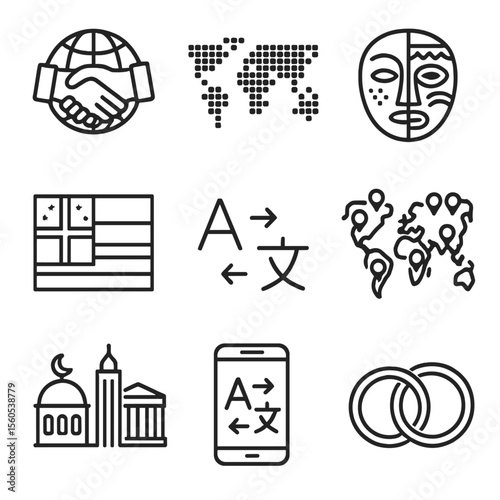 Globalization Icon Set. Outline icon set of globalization and hybrid symbols: handshake across borders, world map mosaic, cultural