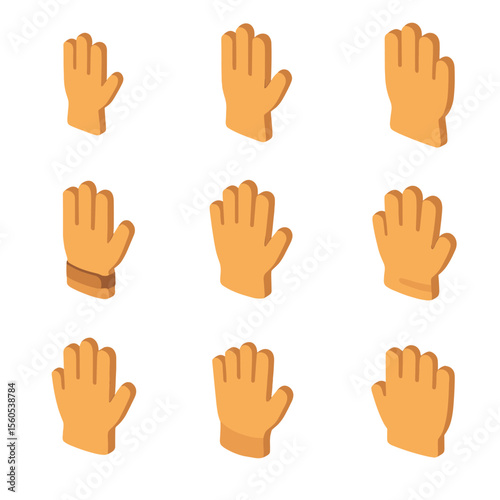 Isometric Glove Icons. Isometric Flat icon set of glove sizes and fit options: small size glove, medium size glove, large size