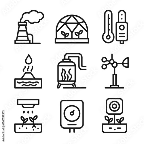Terraforming Icon Set. Outline icon set of terraforming and environmental control: atmospheric processor, greenhouse dome, climate
