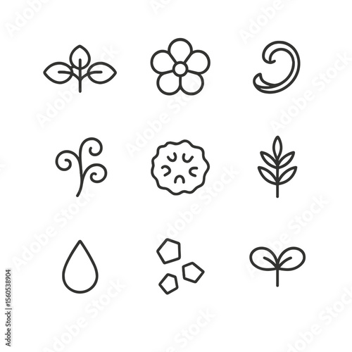 Gourmet Garnish Icons. Outline icon set of Plating Garnishes and Accents: micro basil, edible flower, citrus zest curl, pea