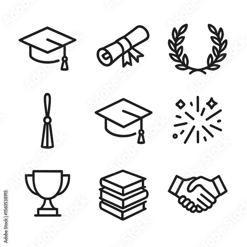 Graduation Icons Compilation. Outline icon set of graduation congratulations: graduation cap, diploma scroll, laurel wreath,
