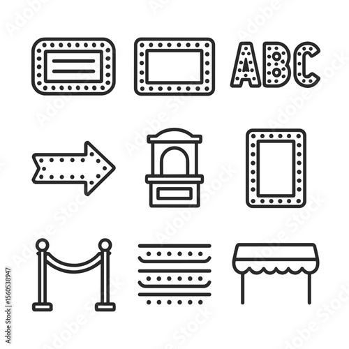 Theater Marquee Icons. Outline icon set of theater marquee signage: neon marquee, bulb border, marquee letters, arrow sign, ticket