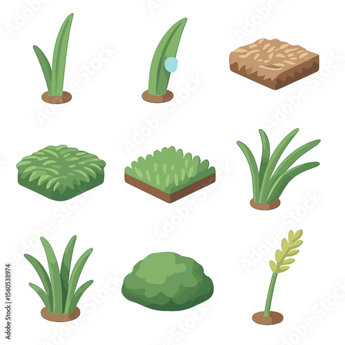 Grass Texture Icons. Isometric Flat icon set of grass patterns and textures: close-up grass blade, dew-laden blade, thatch layer,