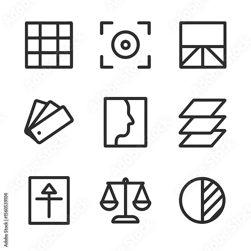 Outline Icon Grid. Outline icon set of visual composition: rule of thirds grid, focal point, leading lines, color palette,