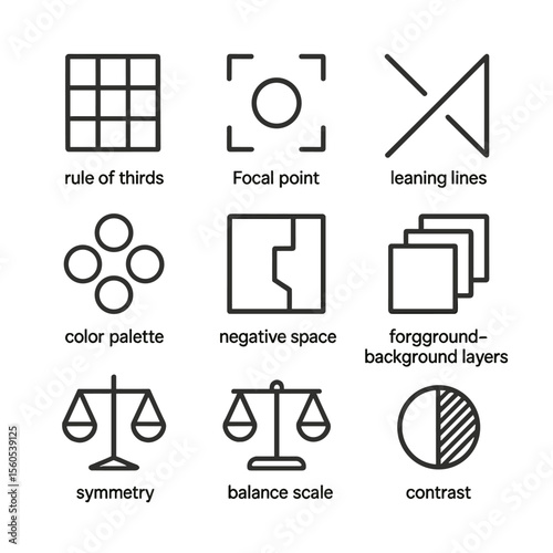 Outline Icon Grid. Outline icon set of visual composition: rule of thirds grid, focal point, leading lines, color palette,