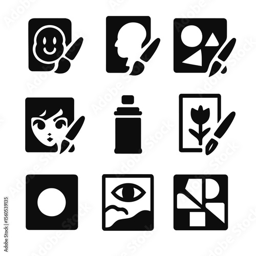 Icon Style Grid. Solid, filled icon set of drawing styles: cartoon, realism, abstract, manga, graffiti, line art, minimalism,
